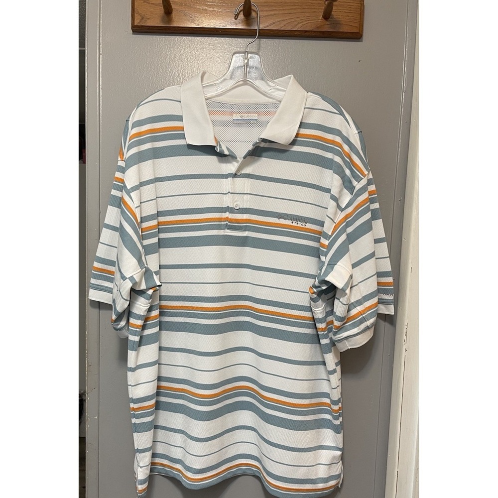 Columbia PFG Mens Omni-Shade Striped Polo Shirt Orange /teal  Size XL vented